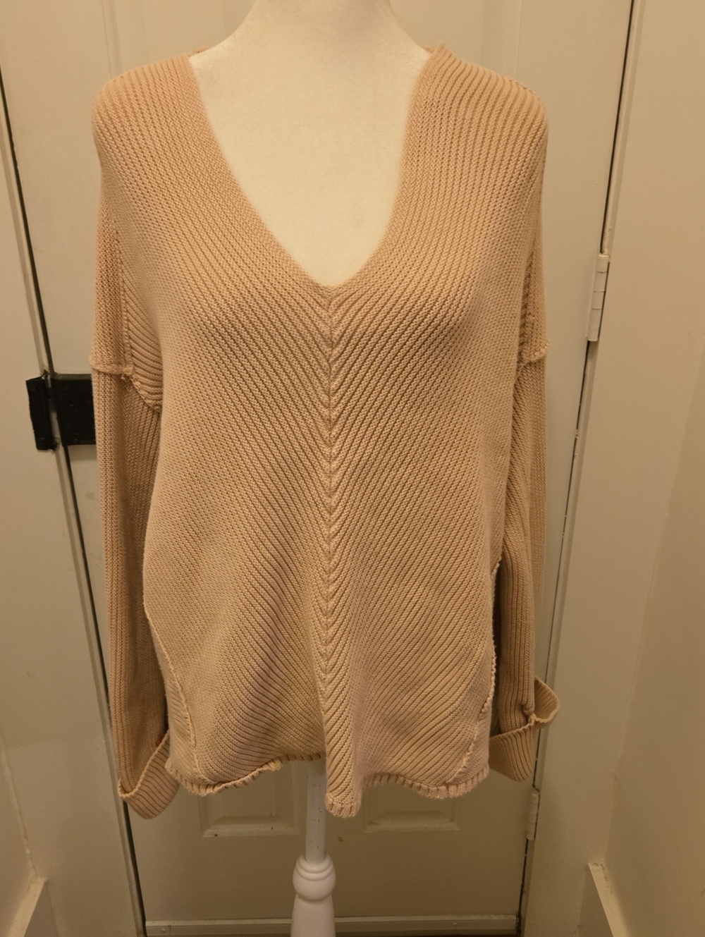 Free People Ribbed Knit V-neck Sweater Beige Size M